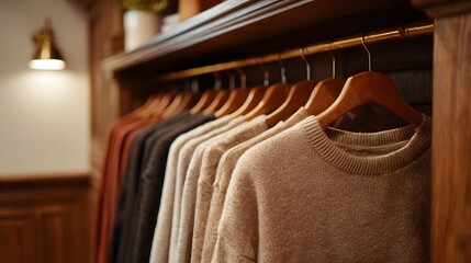 Obraz premium Soft neutral colored sweaters displayed on wooden hangers in a warm elegantly lit boutique
