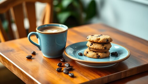 A steaming cup of coffee sits beside a stack of cookies on a plate on a wooden table indoors.
