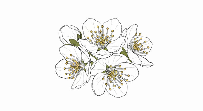 A delicate illustration of white blossom flowers with yellow centers and green sepals