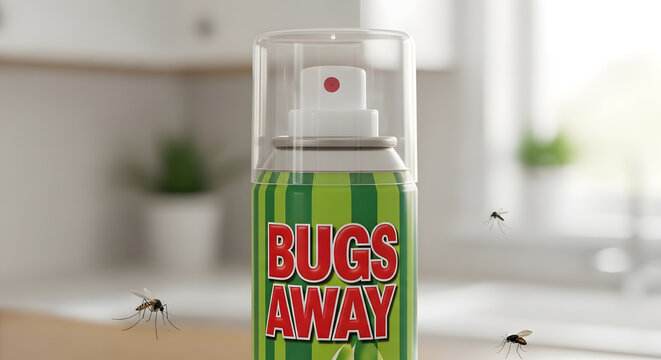 A close up of a repellent spray can labeled Bugs Away with several mosquitoes flying around it in a kitchen setting
