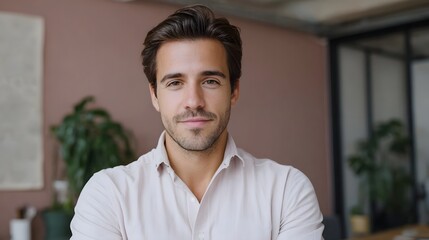 Obraz premium A young successful businessman in a light colored shirt poses confidently in a modern professional office environment