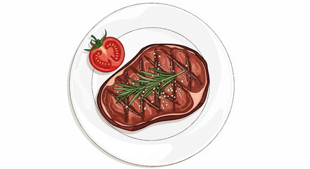 A grilled steak with rosemary and tomato on a white plate