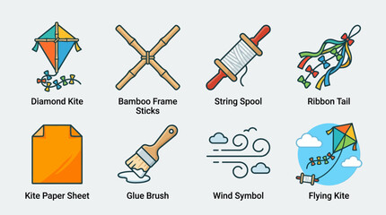 Kite Making and Flying Essentials Icon Set Vector &ndash; Illustrations of Diamond Kite, Bamboo Sticks, String Spool, Ribbon Tail, Paper, Glue Brush, Wind, Flying Kite