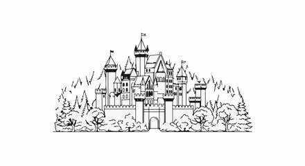 Fototapeta premium A detailed black and white sketch of an elaborate, multi-towered castle