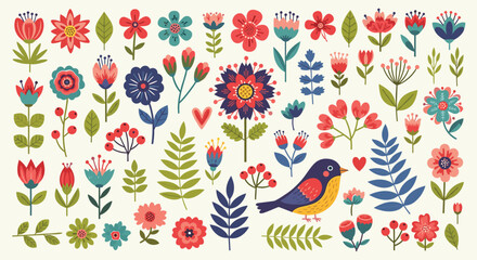 Obraz premium Collection of Folk Art Style Flowers Leaves and a Bird with a Cream Background