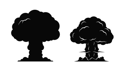 Two black mushroom cloud explosions depicted in stark contrast silhouette © Sogir