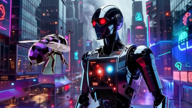 Robot and insect in cityscape scene.