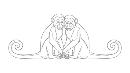 Twin primate artwork: Two capuchin monkey sketch are holding hands, embracing one another, set against a stark backdrop, with emphasis on the artistic design and line work. © Mahbuba