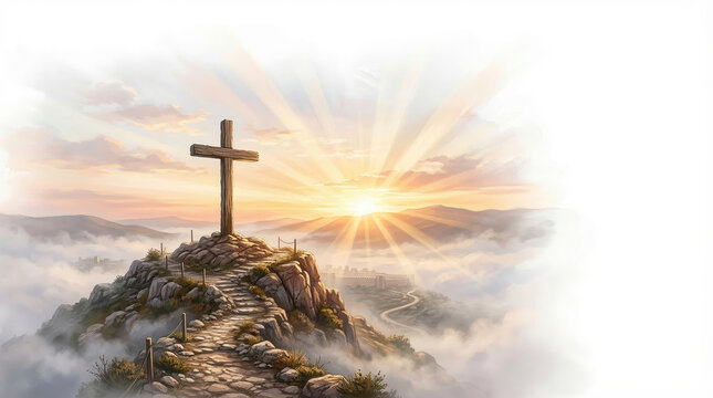 Wooden cross on a rocky mountain peak at sunrise with sun rays breaking through clouds