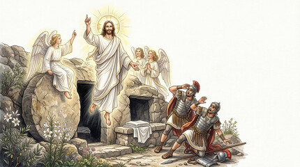 Fototapeta premium Jesus Christ rises from the tomb with angels, surprising Roman soldiers on Easter morning