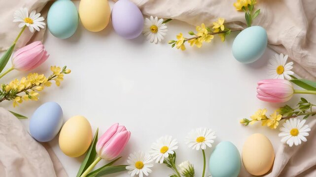 Flat lay frame of pastel colored Easter eggs with tulips, daisies and yellow spring flowers arranged around light background with fabric. Seasonal holiday decoration with copy space.