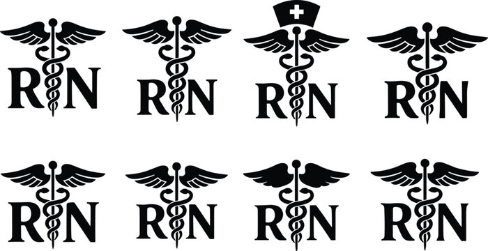 Set of Registered Nurse RN Caduceus Medical Logos with Wings and Nursing Caps for Healthcare Professionals Branding and Nursing School Graduation