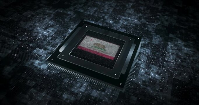 California flag on computer cpu. California Republic,  banner digital and cyber technology concept animation.