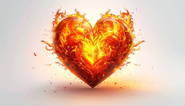 A flaming heart bursts with bright fire against a soft white backdrop