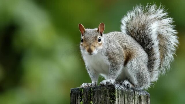 A gray squirrel with white and brown fur perched on a wooden post outdoors