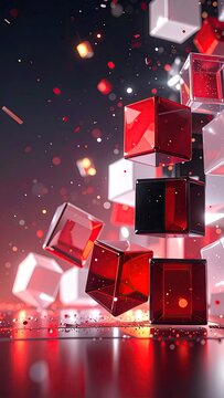 Abstract image of floating transparent cubes and particles against a dark background