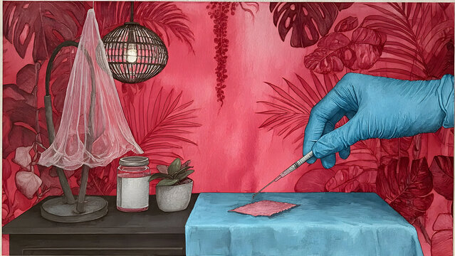 Physiotherapist's Blue Gloved Hand Aspirating Bursitis Fluid from Prepatellar Knee Bursa in Hospital Physio Gym