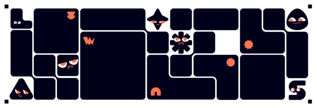 Modern bento grid layout with black geometric boxes, abstract shapes and funny characters, vector illustration. Modular design template with y2k pattern for creative digital project, ui interface