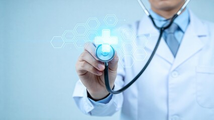 Doctor holding stethoscope with digital medical cross interface,healthcare technology innovation and online telemedicine consultation concept