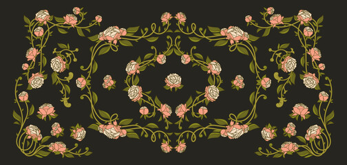 Naklejka premium Vintage art nouveau floral borders set isolated on black background. Vector illustration of elegant botanical ornaments with pink peony and green vine, decorative frame, corner and divider elements