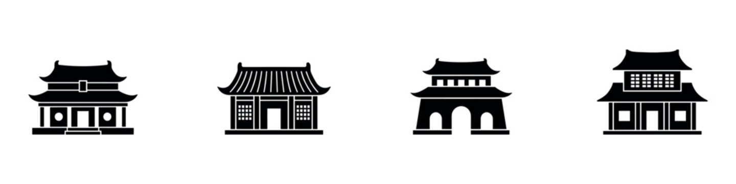 Traditional Asian Architecture Icon Set. Solid Vector Illustration of Pagodas, Temples, and Oriental Buildings Symbols.