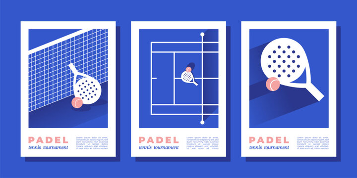 Padel tournament posters. Set of vector illustrations with court, rackets and ball, modern sport match flat banner design. Paddle tennis event flyers and competition templates