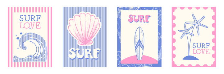 Fototapeta premium Retro set of love surf posters in pastel pink and blue colors. Vector illustration of ocean wave, sea shell, surfboard, starfish icons in simple frames, summer beach activity, vacation banner designs