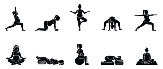 Obraz premium Pregnant woman yoga and fitness exercise icons set. Healthy pregnancy lifestyle silhouettes.