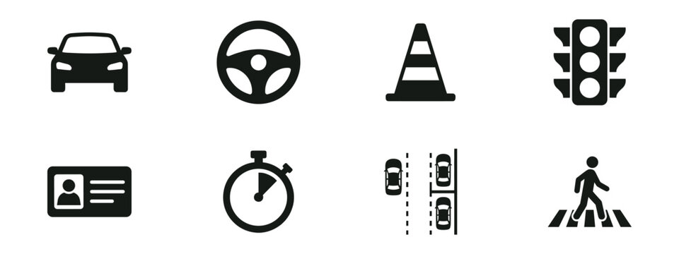 Driving school and road safety icon set. Car driver license and traffic rules symbols.