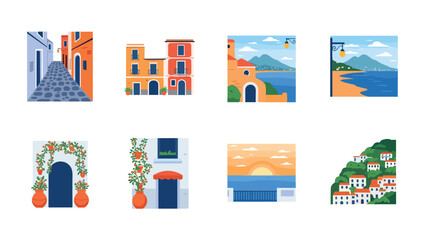 Charming mediterranean scenery: vibrant buildings, coastal views, and serene sunsets