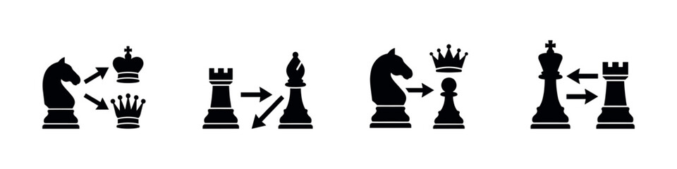Chess tactics and strategy icon set. Flat black icons of chess pieces showing knight fork, castling, and exchange moves with arrows. © Roberto_Caravelli