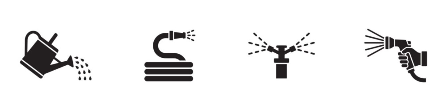 Garden watering and irrigation icons set. Watering can, hose and sprinkler symbols.