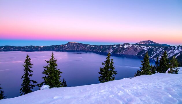 A serene landscape reveals a vast, dark lake surrounded by rugged cliffs. Snow blankets the foreground; pine trees line the edge. The sky displays a beautiful dusk