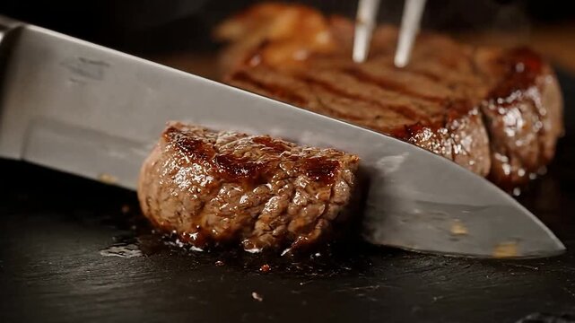 Grilled steak being sliced with a knife on a black surface