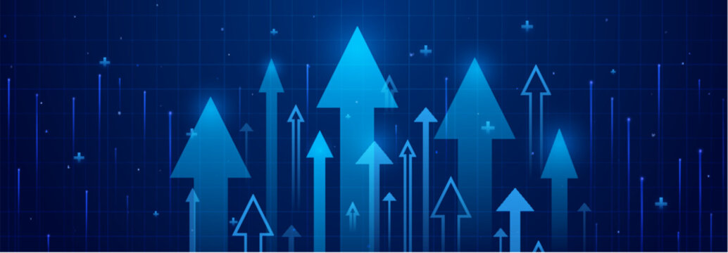 Upward arrows on blue grid background. Vector realistic illustration of 3D neon growth and profit plus signs on chart pattern, corporate development trajectory, stock market rise, financial trends
