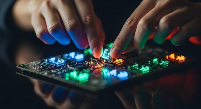 Hands operating illuminated control panel symbolizing technology innovation digital interface and control