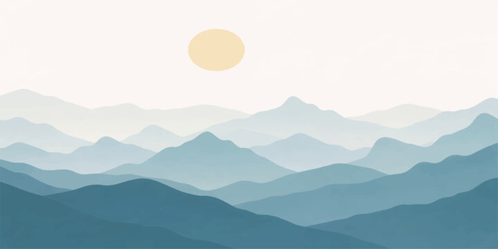 Misty mountain landscape with clouds and sunrise sky