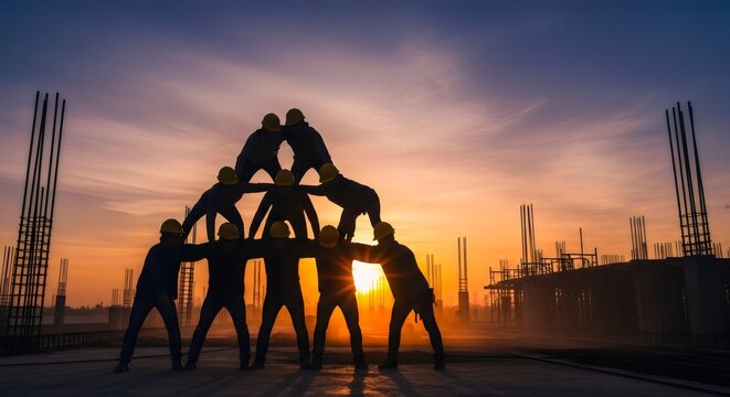 Team building human pyramid at construction site symbolizing teamwork unity and strength