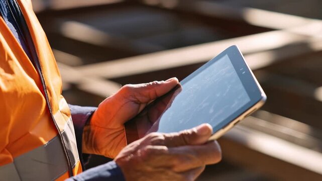 Construction worker using digital tablet on building site reviewing plans and structural data in natural sunlight professional engineering workflow and modern industry technology concept