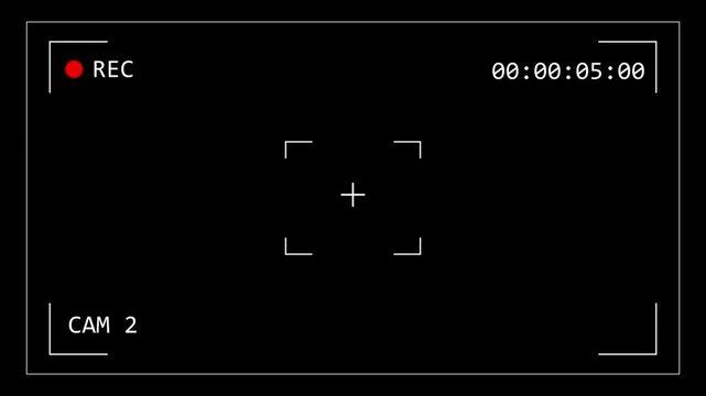 CCTV surveillance monitor interface cam 2 showing recording indicator, timecode display, targeting frame, and AI active status on a black background. Concept of modern security monitoring.