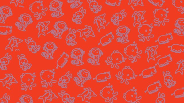 seamless pattern of cute cartoon monsters on a vivid orange red background suitable for textiles wallpapers packaging and graphic design