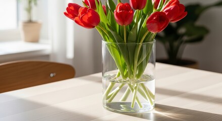 Fototapeta premium Red Tulips in Clear Glass Vase on White Tablecloth.