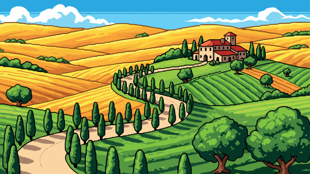 Picturesque countryside landscape with rolling hills and farmhouse in retro pixel art style