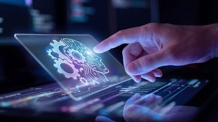 A human hand interacts with a glowing digital display of gears and data visualization in a dark setting, symbolizing technology and automation