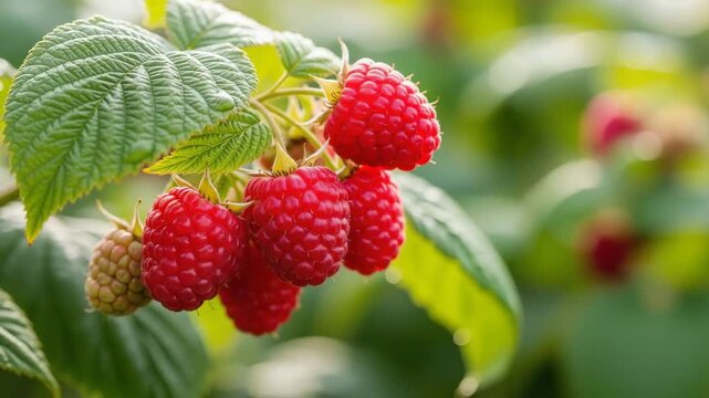 Ripe raspberries growing on bush in sunny summer garden  