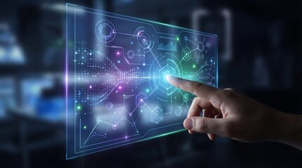 Fototapeta premium Close-up of a human finger touching a holographic digital interface displaying vibrant data patterns and futuristic graphics