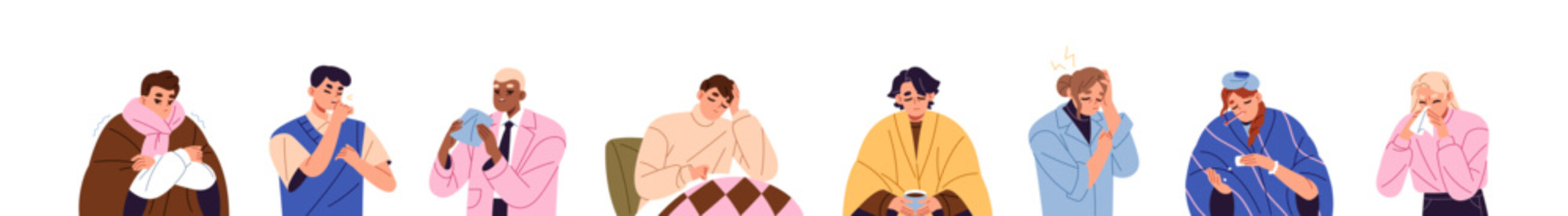 Sick people set. Ill men and women with flu symptoms: sneeze, cough, high temperature, cold and fever. Characters with influenza feel unwell, unhealthy. Flat isolated vector illustration on white