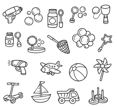 Hand drawn vector illustration featuring a set of summer toys including a water gun, bubbles, beach ball, and more. Ideal for children's themes and playful designs.