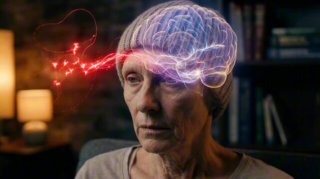 Psychedelic Assisted Palliative Care Transformation End-of-Life Emotional Healing Visualization. Ill adult with semi-transparent head revealing glowing neural network inside.