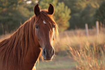 Obraz premium Equine portrait: chestnut horse glancing over the shoulder in a sunlit pasture